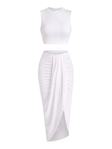 2025 Summer New Women'S Fashion Solid Color Pleated Skirts Sets Tank Tops and Side Slit Long Skirt Female Two-Piece Casual Suit