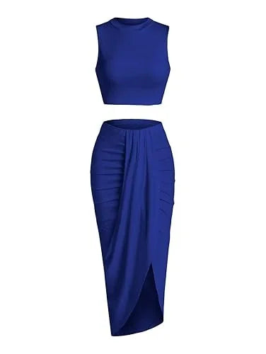 2025 Summer New Women'S Fashion Solid Color Pleated Skirts Sets Tank Tops and Side Slit Long Skirt Female Two-Piece Casual Suit