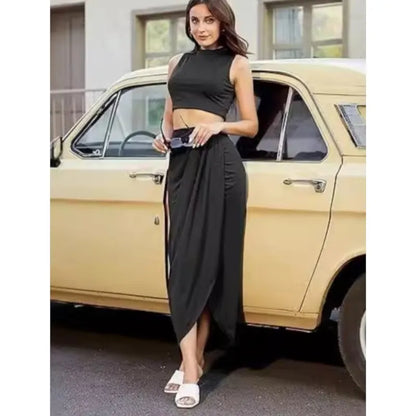 2025 Summer New Women'S Fashion Solid Color Pleated Skirts Sets Tank Tops and Side Slit Long Skirt Female Two-Piece Casual Suit