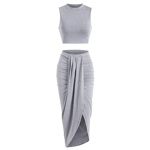 2025 Summer New Women'S Fashion Solid Color Pleated Skirts Sets Tank Tops and Side Slit Long Skirt Female Two-Piece Casual Suit