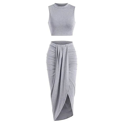 2025 Summer New Women'S Fashion Solid Color Pleated Skirts Sets Tank Tops and Side Slit Long Skirt Female Two-Piece Casual Suit