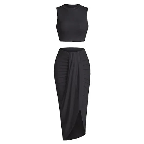 2025 Summer New Women'S Fashion Solid Color Pleated Skirts Sets Tank Tops and Side Slit Long Skirt Female Two-Piece Casual Suit