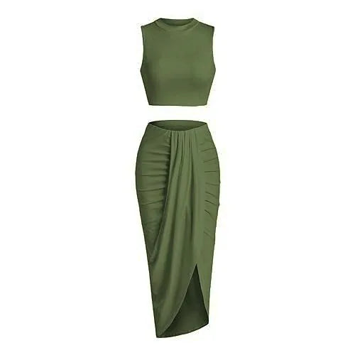 2025 Summer New Women'S Fashion Solid Color Pleated Skirts Sets Tank Tops and Side Slit Long Skirt Female Two-Piece Casual Suit