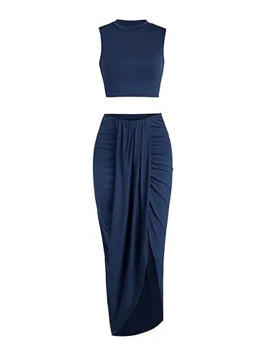 2025 Summer New Women'S Fashion Solid Color Pleated Skirts Sets Tank Tops and Side Slit Long Skirt Female Two-Piece Casual Suit