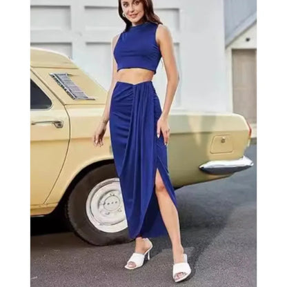 2025 Summer New Women'S Fashion Solid Color Pleated Skirts Sets Tank Tops and Side Slit Long Skirt Female Two-Piece Casual Suit