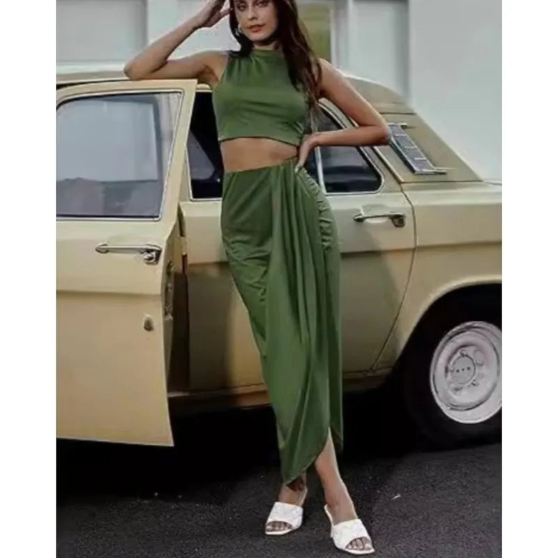 2025 Summer New Women'S Fashion Solid Color Pleated Skirts Sets Tank Tops and Side Slit Long Skirt Female Two-Piece Casual Suit