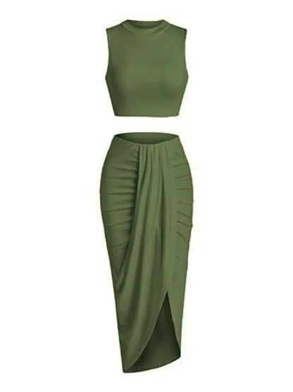 2025 Summer New Women'S Fashion Solid Color Pleated Skirts Sets Tank Tops and Side Slit Long Skirt Female Two-Piece Casual Suit