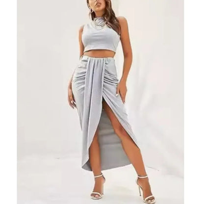 2025 Summer New Women'S Fashion Solid Color Pleated Skirts Sets Tank Tops and Side Slit Long Skirt Female Two-Piece Casual Suit