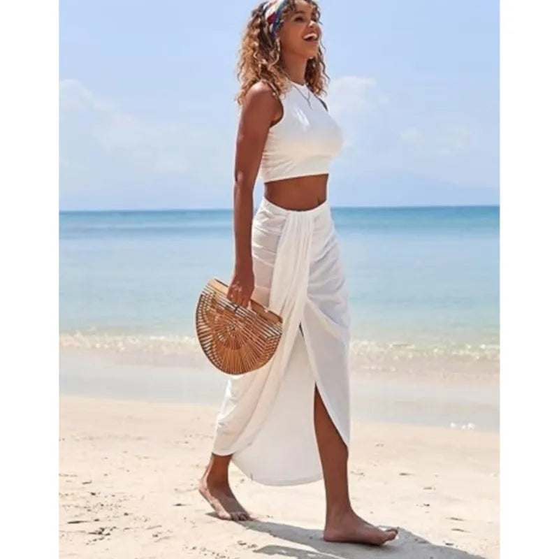 2025 Summer New Women'S Fashion Solid Color Pleated Skirts Sets Tank Tops and Side Slit Long Skirt Female Two-Piece Casual Suit