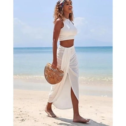 2025 Summer New Women'S Fashion Solid Color Pleated Skirts Sets Tank Tops and Side Slit Long Skirt Female Two-Piece Casual Suit
